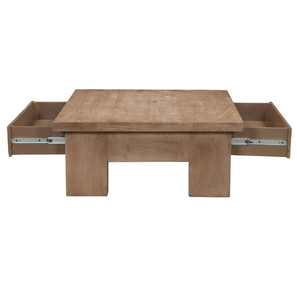 The Urban Port Les 36 Inch Square Coffee Table with Panel Legs, 2 Storage Drawers, Matte Brown Mango Wood, Black Handles