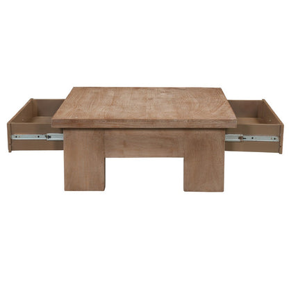 The Urban Port Les 36 Inch Square Coffee Table with Panel Legs, 2 Storage Drawers, Matte Brown Mango Wood, Black Handles