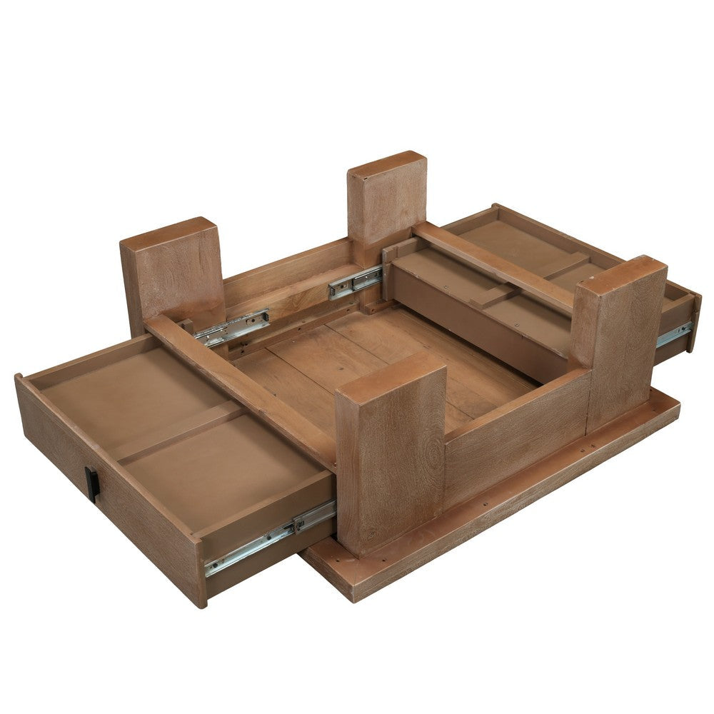 The Urban Port Les 36 Inch Square Coffee Table with Panel Legs, 2 Storage Drawers, Matte Brown Mango Wood, Black Handles