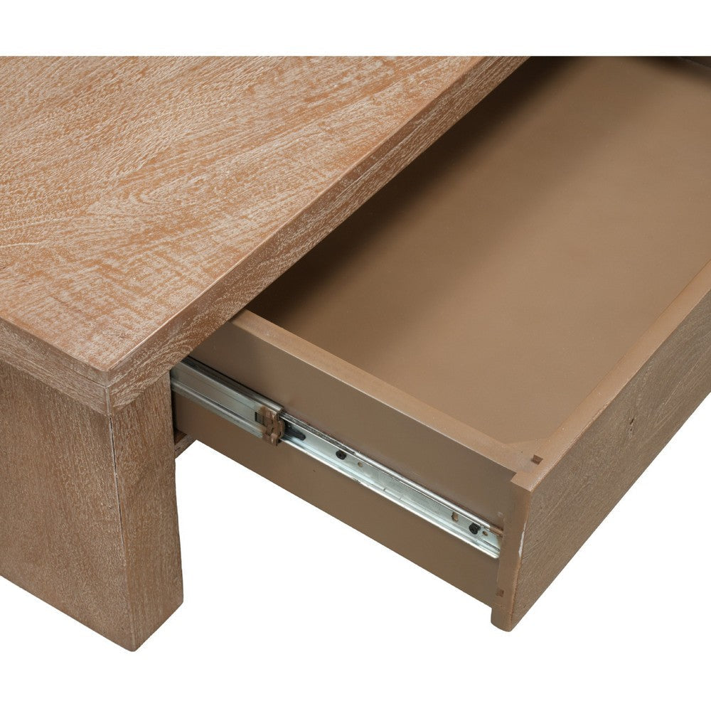 The Urban Port Les 36 Inch Square Coffee Table with Panel Legs, 2 Storage Drawers, Matte Brown Mango Wood, Black Handles