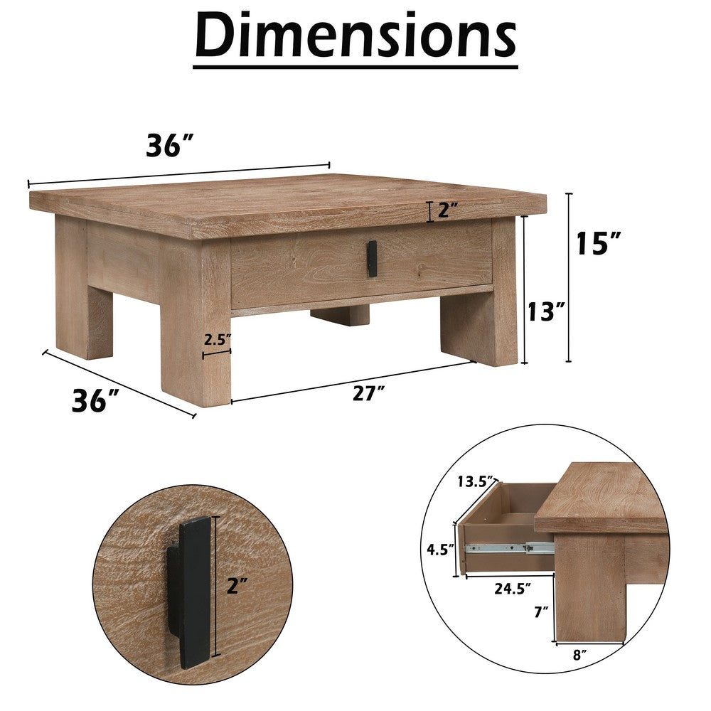The Urban Port Les 36 Inch Square Coffee Table with Panel Legs, 2 Storage Drawers, Matte Brown Mango Wood, Black Handles