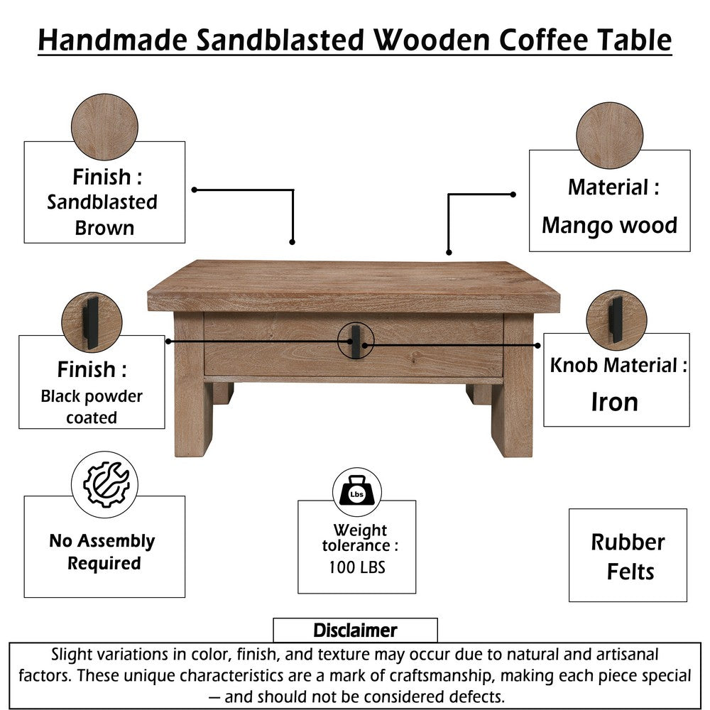 The Urban Port Les 36 Inch Square Coffee Table with Panel Legs, 2 Storage Drawers, Matte Brown Mango Wood, Black Handles