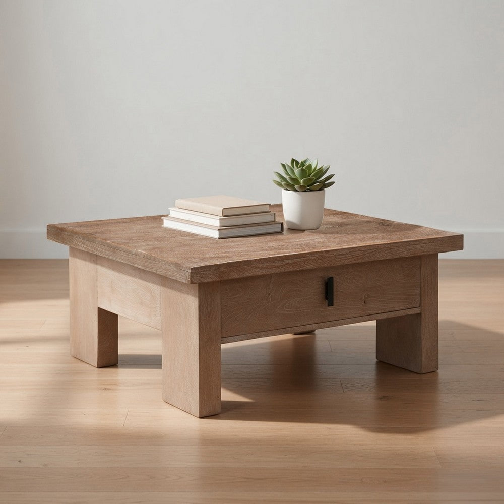 The Urban Port Les 36 Inch Square Coffee Table with Panel Legs, 2 Storage Drawers, Matte Brown Mango Wood, Black Handles