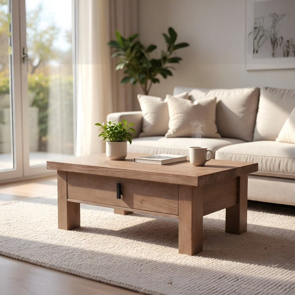 The Urban Port Les 36 Inch Square Coffee Table with Panel Legs, 2 Storage Drawers, Matte Brown Mango Wood, Black Handles