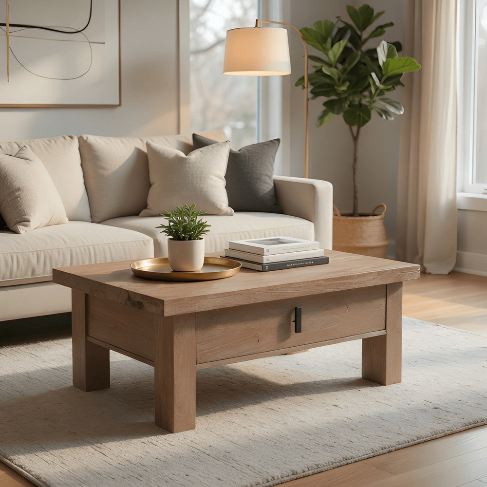 The Urban Port Les 36 Inch Square Coffee Table with Panel Legs, 2 Storage Drawers, Matte Brown Mango Wood, Black Handles