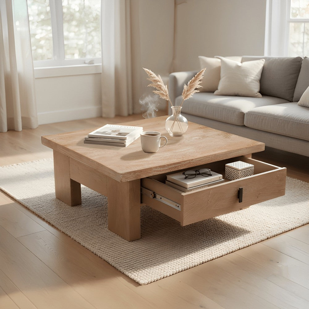 The Urban Port Les 36 Inch Square Coffee Table with Panel Legs, 2 Storage Drawers, Matte Brown Mango Wood, Black Handles