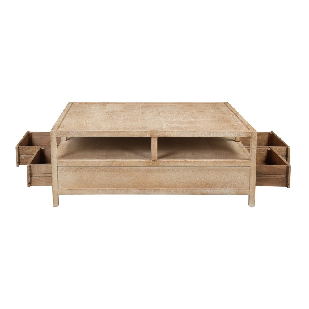 The Urban Port Hika 45 Inch Square Coffee Table, 4 Storage Drawers And Open Shelf, Light Brown Mango Wood