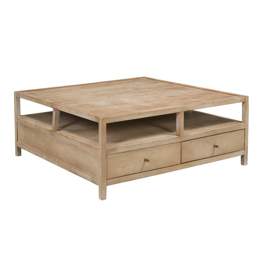 The Urban Port Hika 45 Inch Square Coffee Table, 4 Storage Drawers And Open Shelf, Light Brown Mango Wood