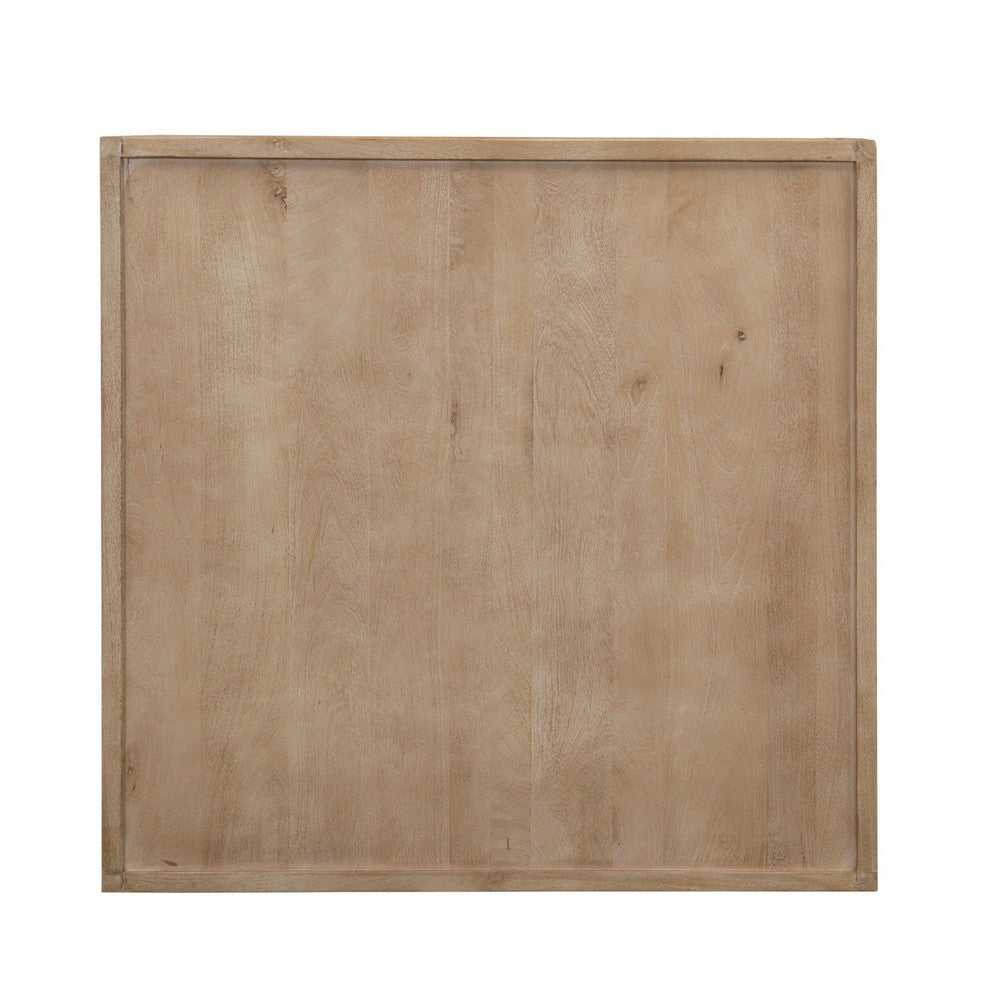 The Urban Port Hika 45 Inch Square Coffee Table, 4 Storage Drawers And Open Shelf, Light Brown Mango Wood