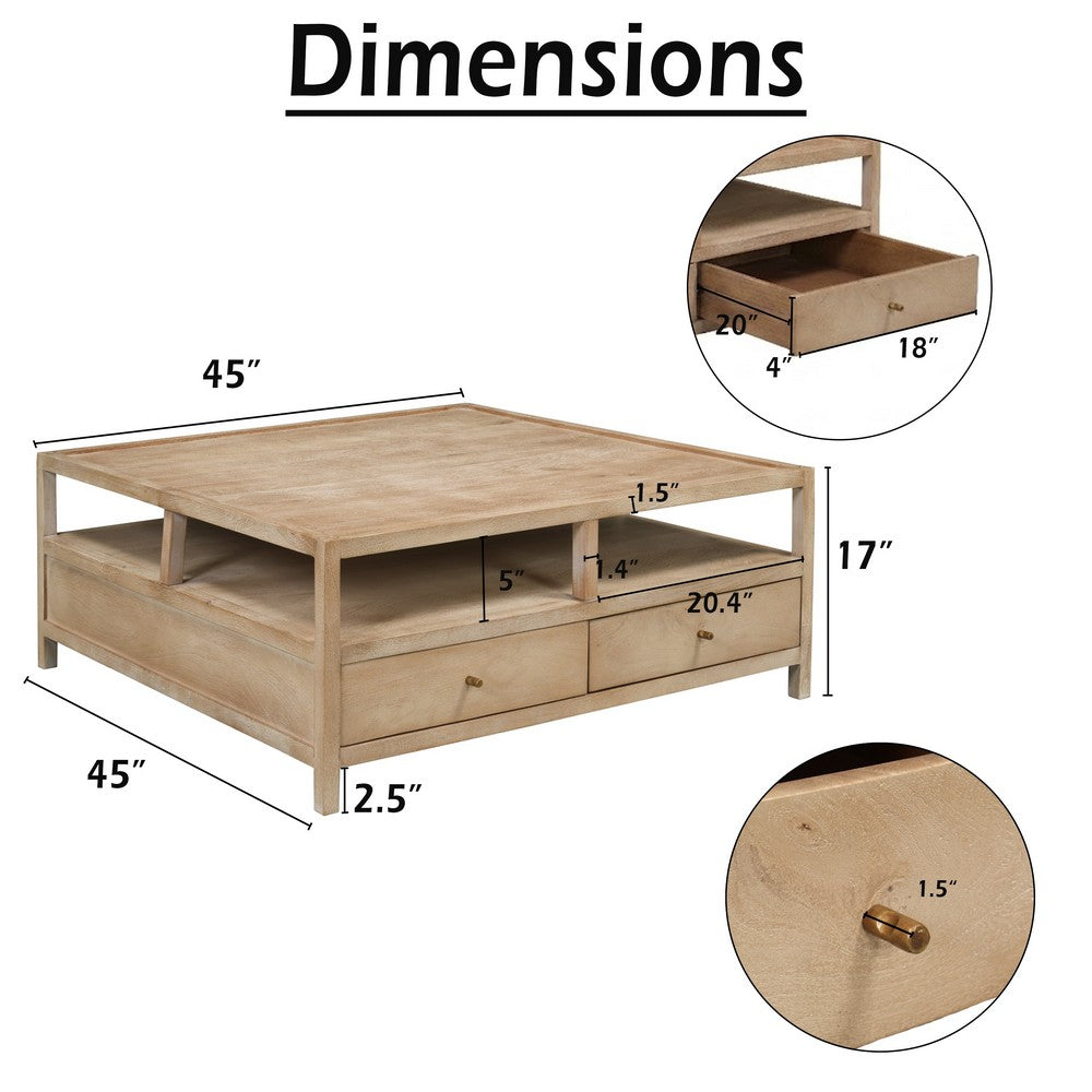 The Urban Port Hika 45 Inch Square Coffee Table, 4 Storage Drawers And Open Shelf, Light Brown Mango Wood