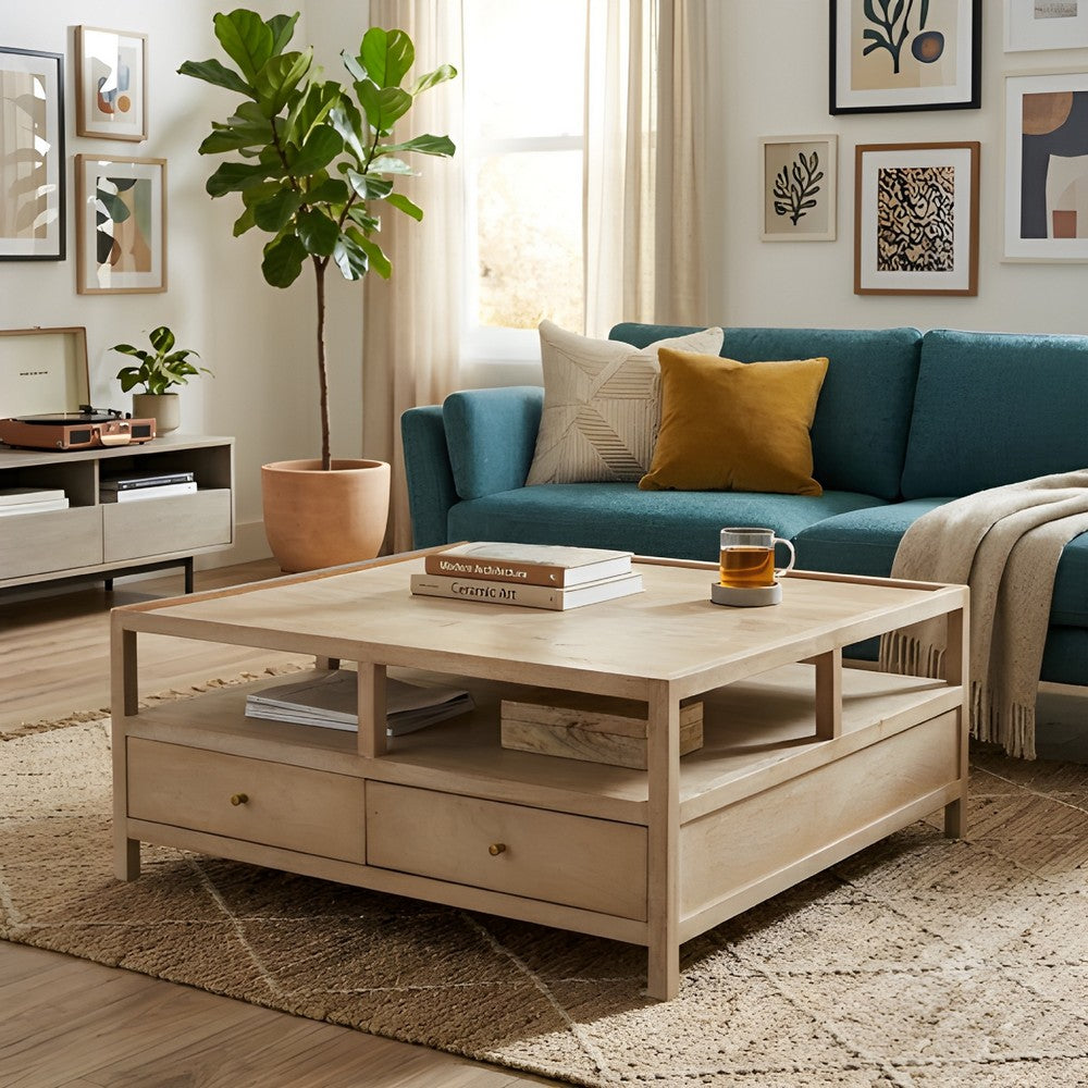 The Urban Port Hika 45 Inch Square Coffee Table, 4 Storage Drawers And Open Shelf, Light Brown Mango Wood