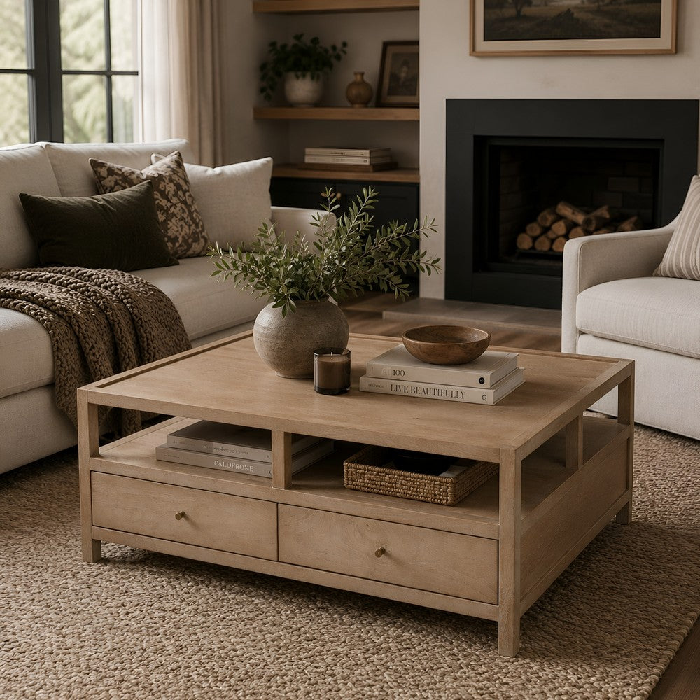 The Urban Port Hika 45 Inch Square Coffee Table, 4 Storage Drawers And Open Shelf, Light Brown Mango Wood