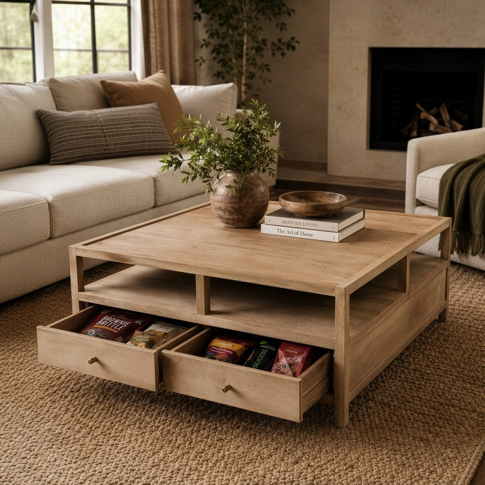 The Urban Port Hika 45 Inch Square Coffee Table, 4 Storage Drawers And Open Shelf, Light Brown Mango Wood
