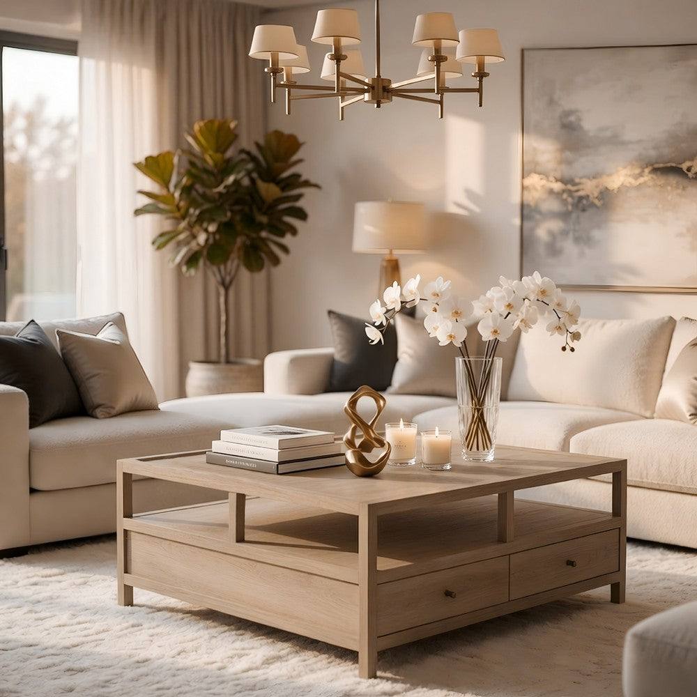 The Urban Port Hika 45 Inch Square Coffee Table, 4 Storage Drawers And Open Shelf, Light Brown Mango Wood
