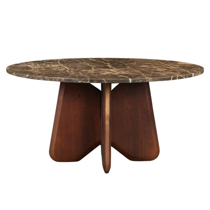The Urban Port Zena 36 Inch Round Coffee Table, Spainish Emperador Marble Top, Brown Mango Wood Cross Legs