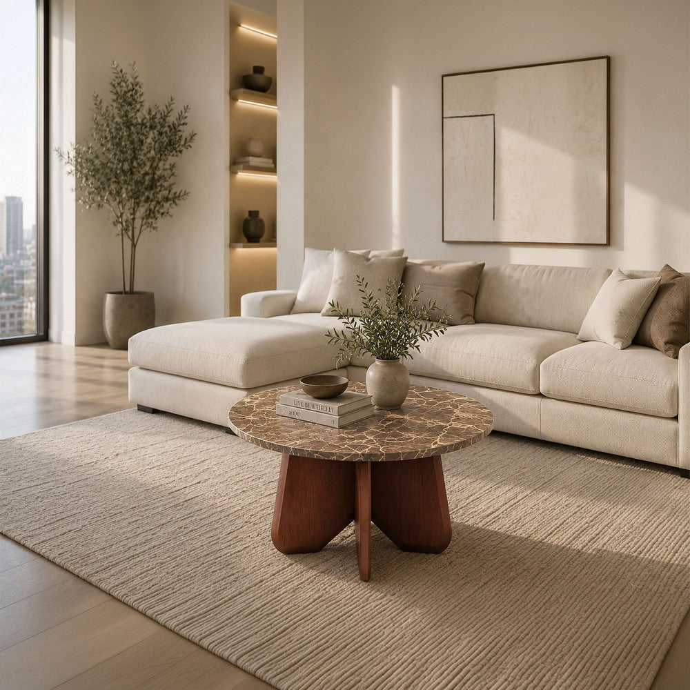 The Urban Port Zena 36 Inch Round Coffee Table, Spainish Emperador Marble Top, Brown Mango Wood Cross Legs