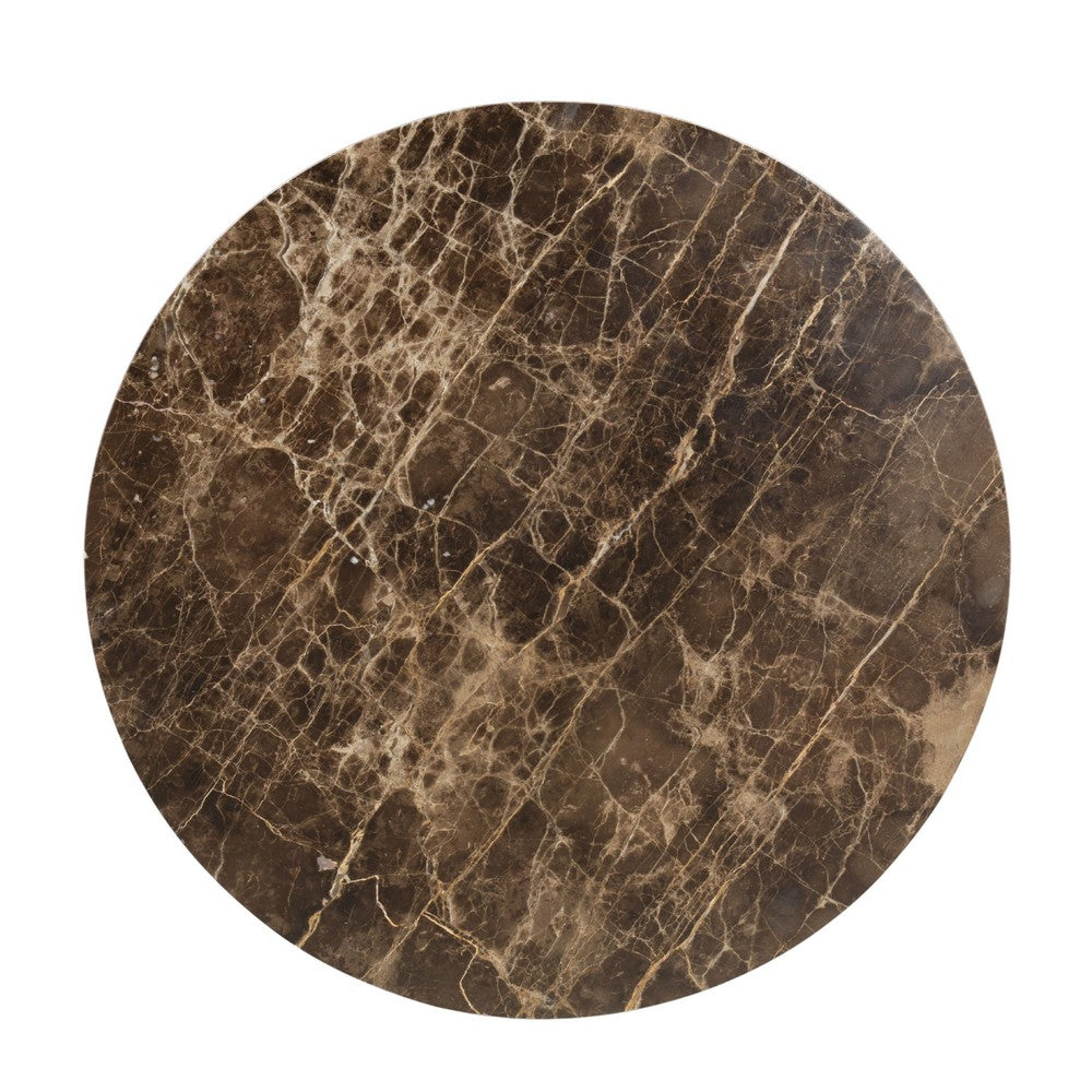 The Urban Port Zena 36 Inch Round Coffee Table, Spainish Emperador Marble Top, Brown Mango Wood Cross Legs