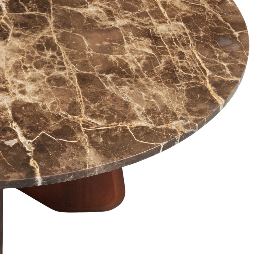 The Urban Port Zena 36 Inch Round Coffee Table, Spainish Emperador Marble Top, Brown Mango Wood Cross Legs