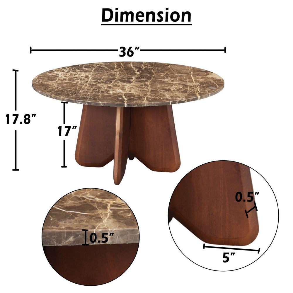 The Urban Port Zena 36 Inch Round Coffee Table, Spainish Emperador Marble Top, Brown Mango Wood Cross Legs