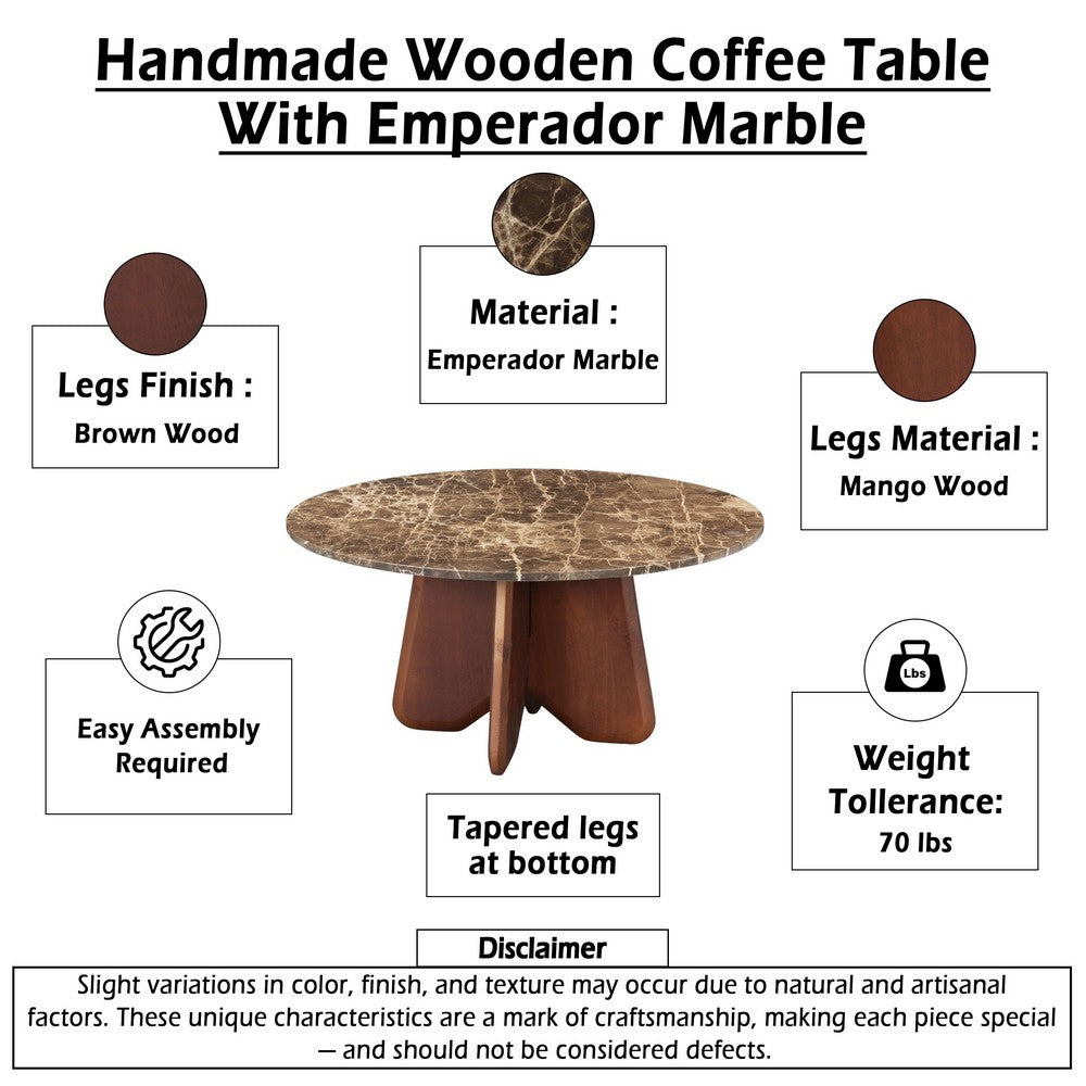 The Urban Port Zena 36 Inch Round Coffee Table, Spainish Emperador Marble Top, Brown Mango Wood Cross Legs