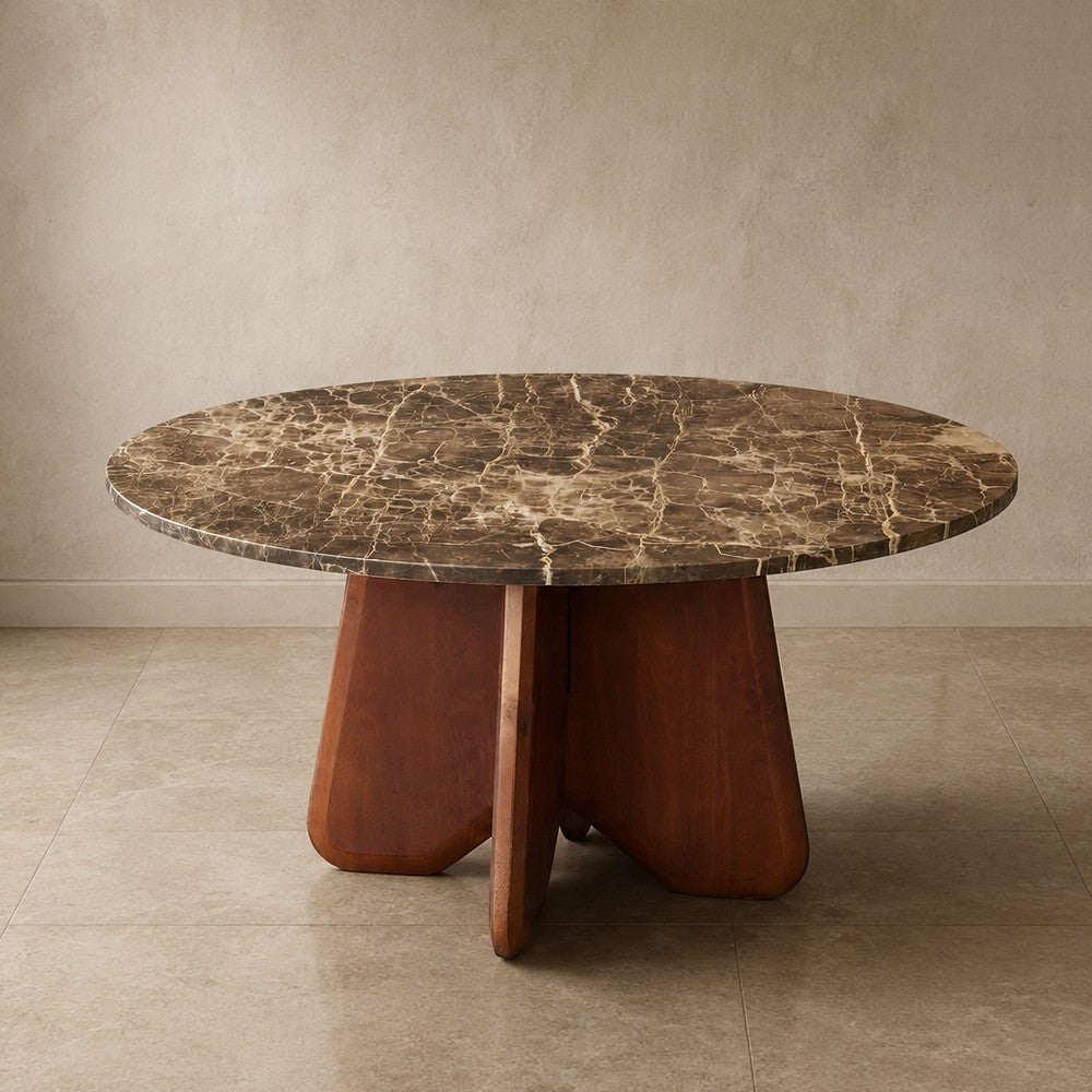 The Urban Port Zena 36 Inch Round Coffee Table, Spainish Emperador Marble Top, Brown Mango Wood Cross Legs