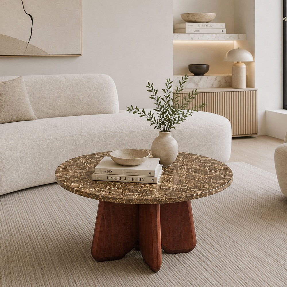 The Urban Port Zena 36 Inch Round Coffee Table, Spainish Emperador Marble Top, Brown Mango Wood Cross Legs