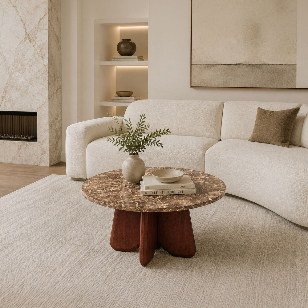 The Urban Port Zena 36 Inch Round Coffee Table, Spainish Emperador Marble Top, Brown Mango Wood Cross Legs