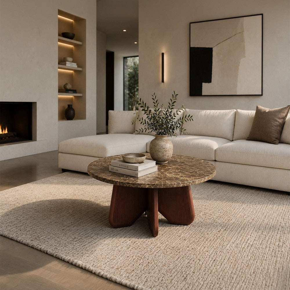 The Urban Port Zena 36 Inch Round Coffee Table, Spainish Emperador Marble Top, Brown Mango Wood Cross Legs