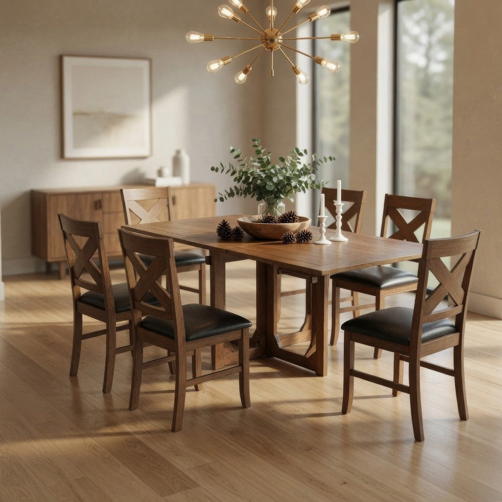 The Urban Port Hosa 7pc Rectangular Dining Table Set, Faux Leather Seats, Brown Mango Wood