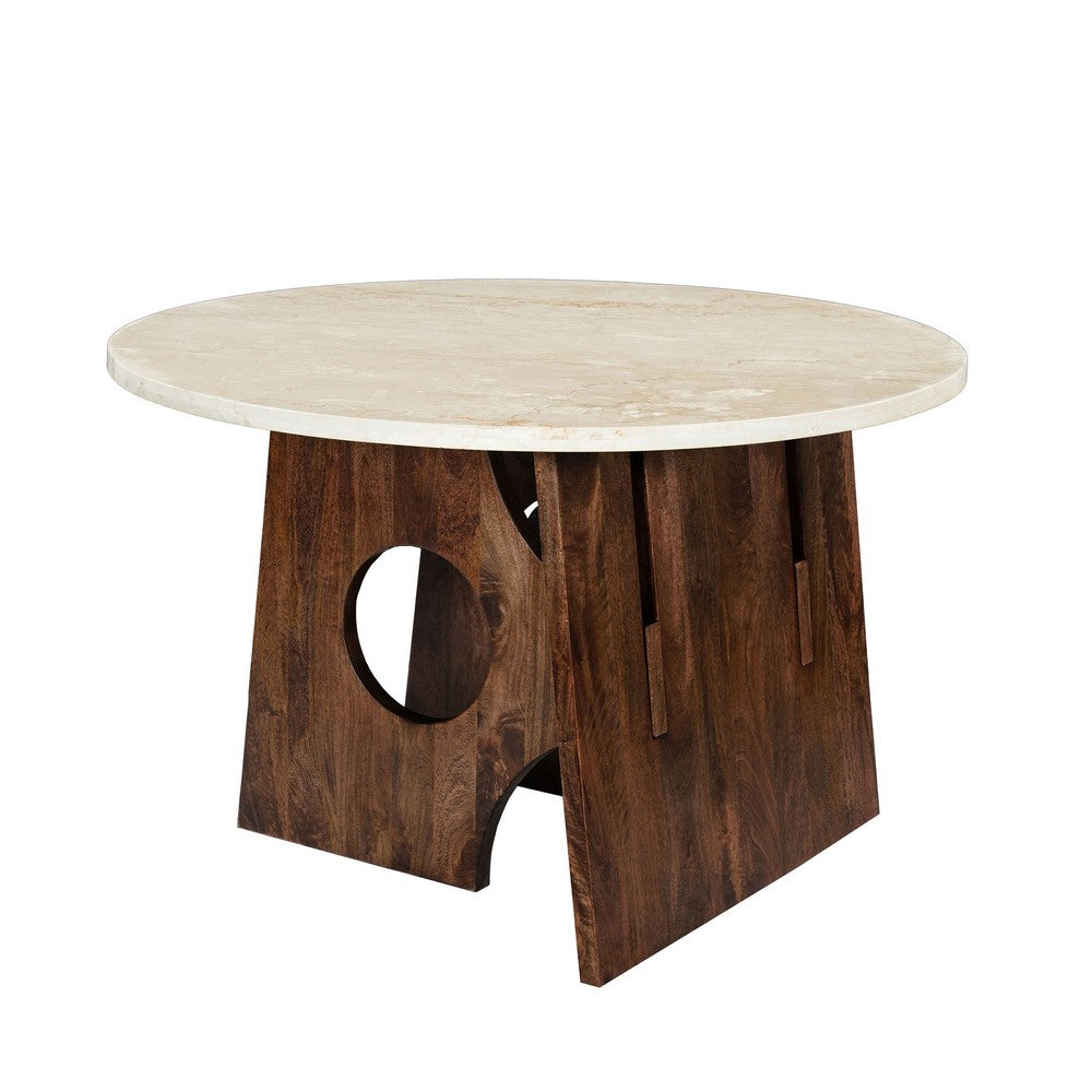 The Urban Port Jesa 5pc Round Dining Table Set, White Botticino Italian Marble, Walnut Brown