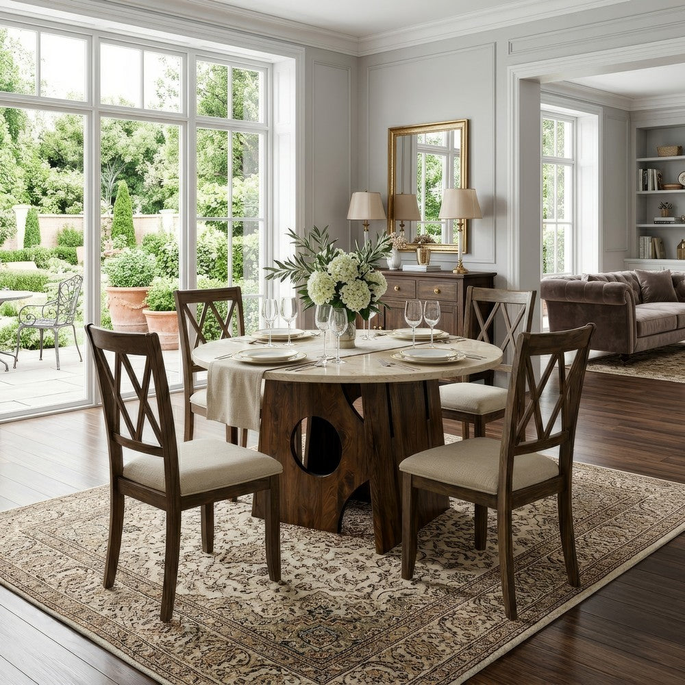 The Urban Port Jesa 5pc Round Dining Table Set, White Botticino Italian Marble, Walnut Brown