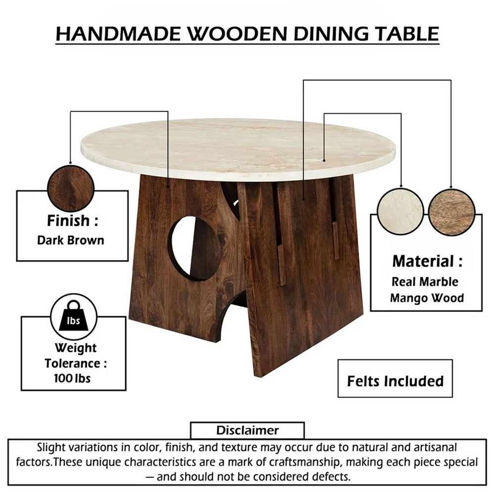 The Urban Port Jesa 5pc Round Dining Table Set, White Botticino Italian Marble, Walnut Brown