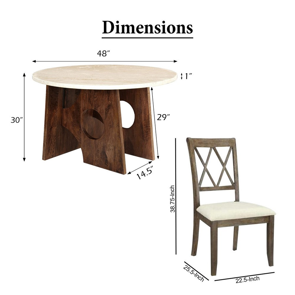 The Urban Port Jesa 5pc Round Dining Table Set, White Botticino Italian Marble, Walnut Brown