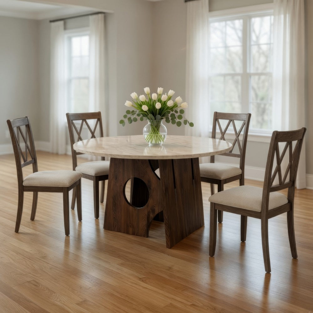 The Urban Port Jesa 5pc Round Dining Table Set, White Botticino Italian Marble, Walnut Brown