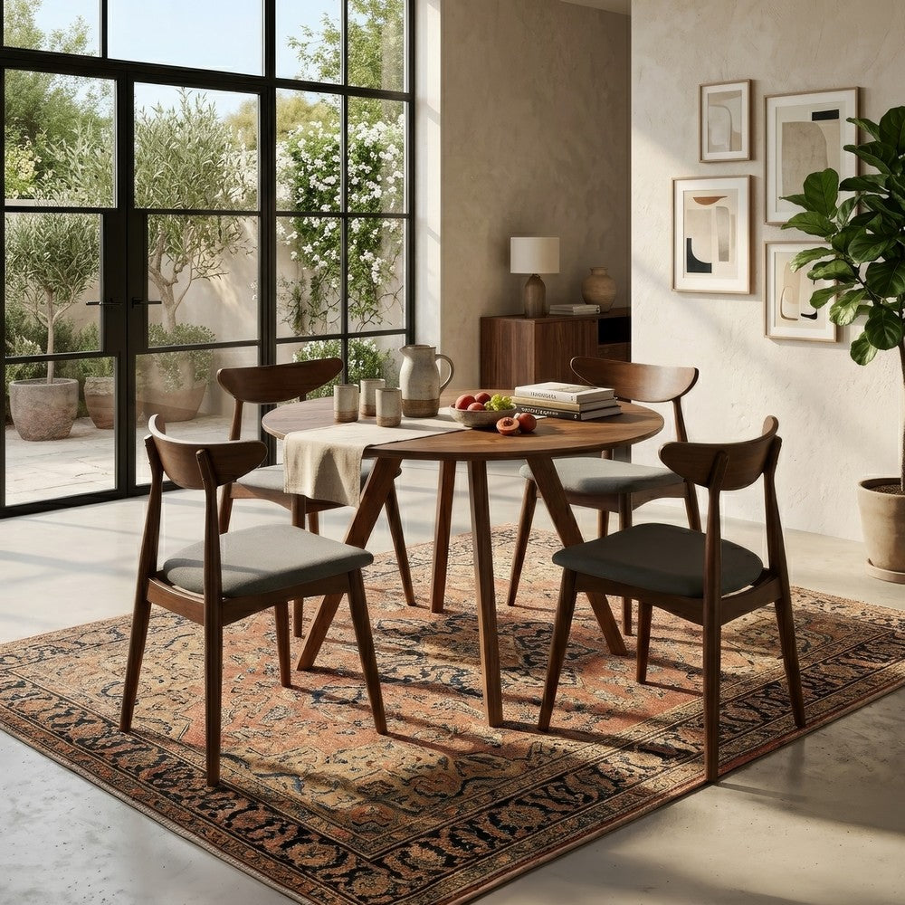 The Urban Port Kios 5pc Round Dining Table Set, Splayed Legs, Curved Back, Brown