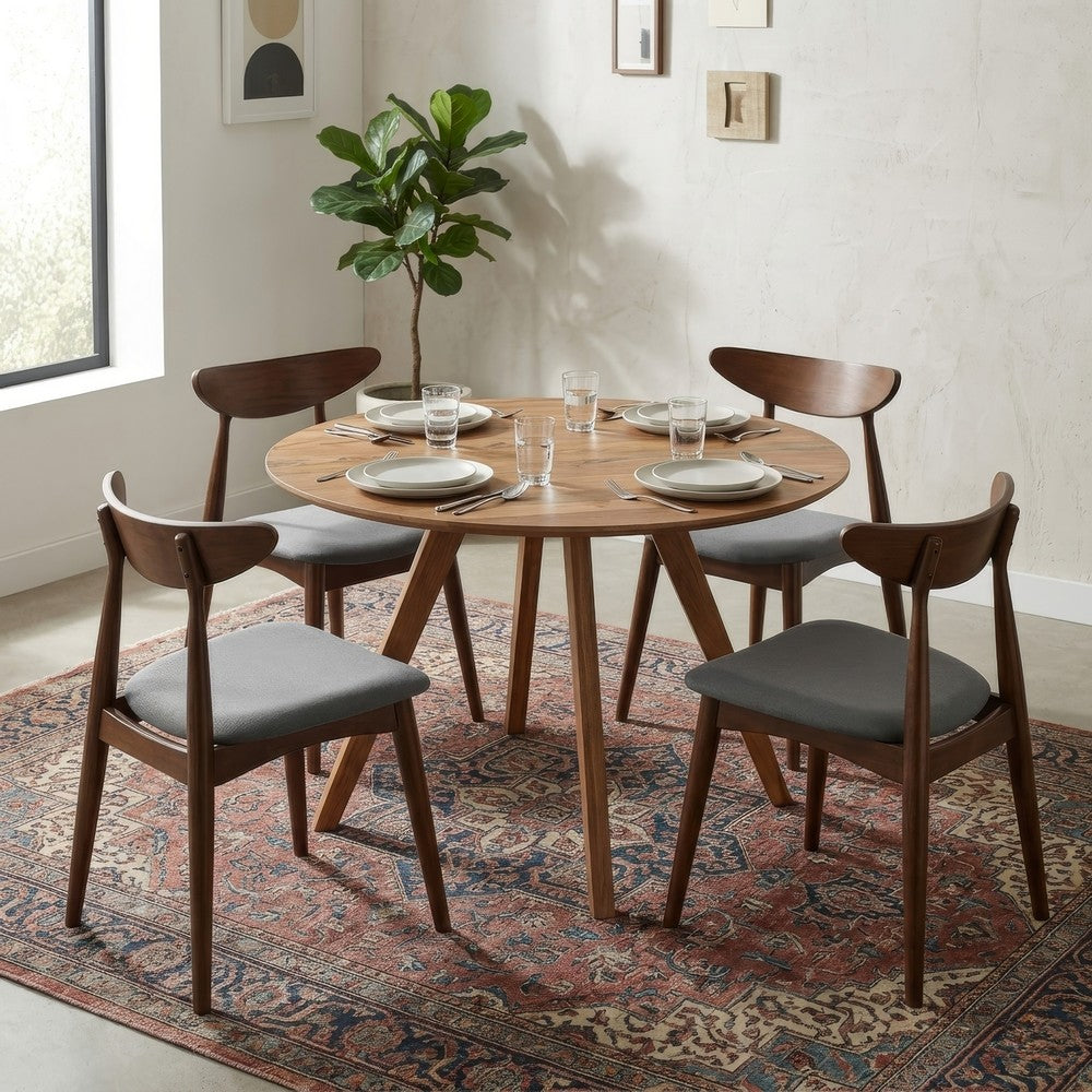 The Urban Port Kios 5pc Round Dining Table Set, Splayed Legs, Curved Back, Brown