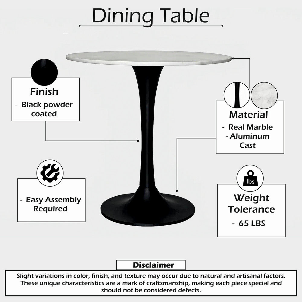 The Urban Port Kema 5pc Dining Table Set, Tulip Pedestal Base, Round White Marble, Black
