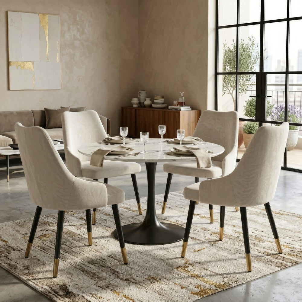 The Urban Port Kema 5pc Dining Table Set, Tulip Pedestal Base, Round White Marble, Black