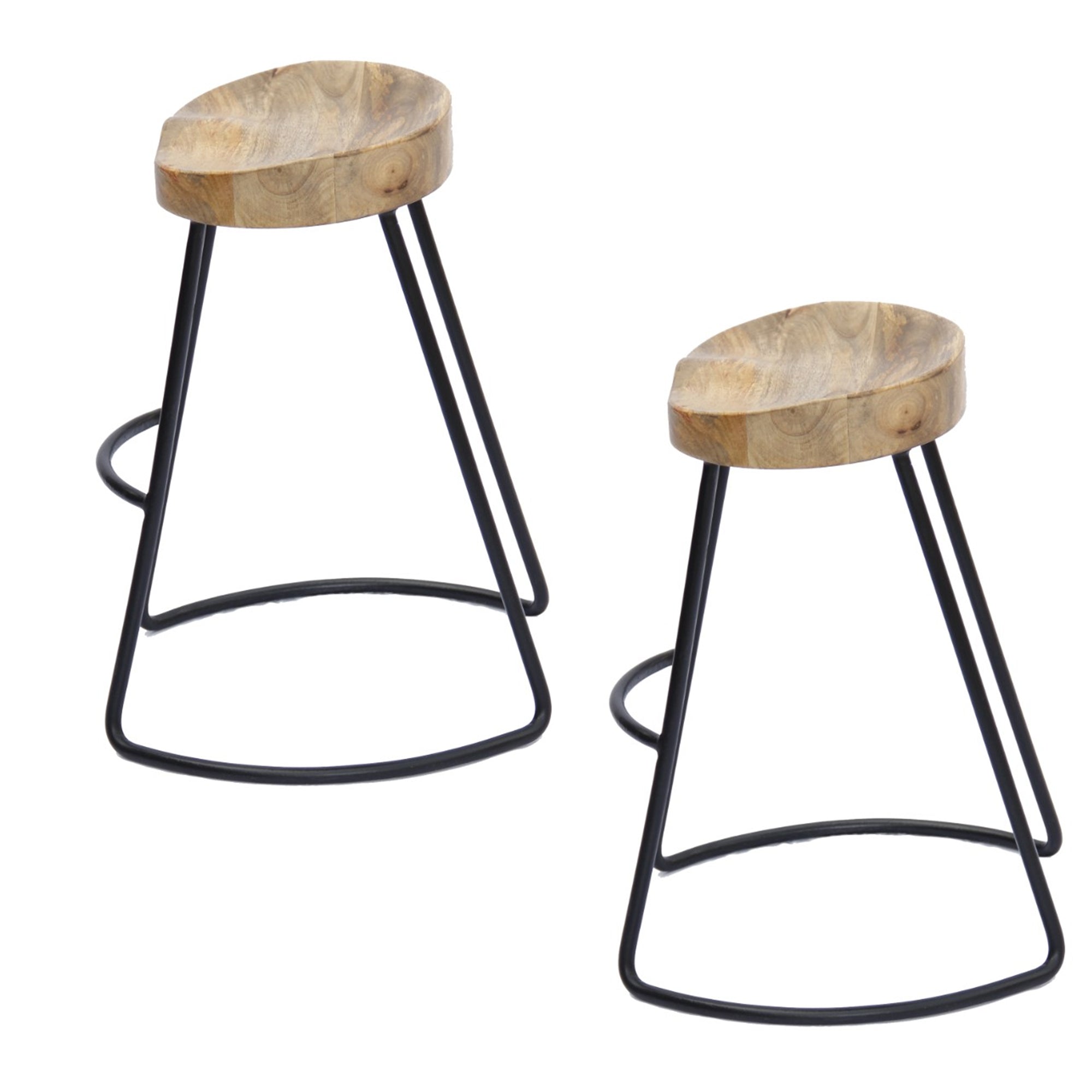 The Urban Port Ela 30 Inch Mango Wood Industrial Barstool, Saddle Seat, Iron Frame, Set of 2, Brown, Black
