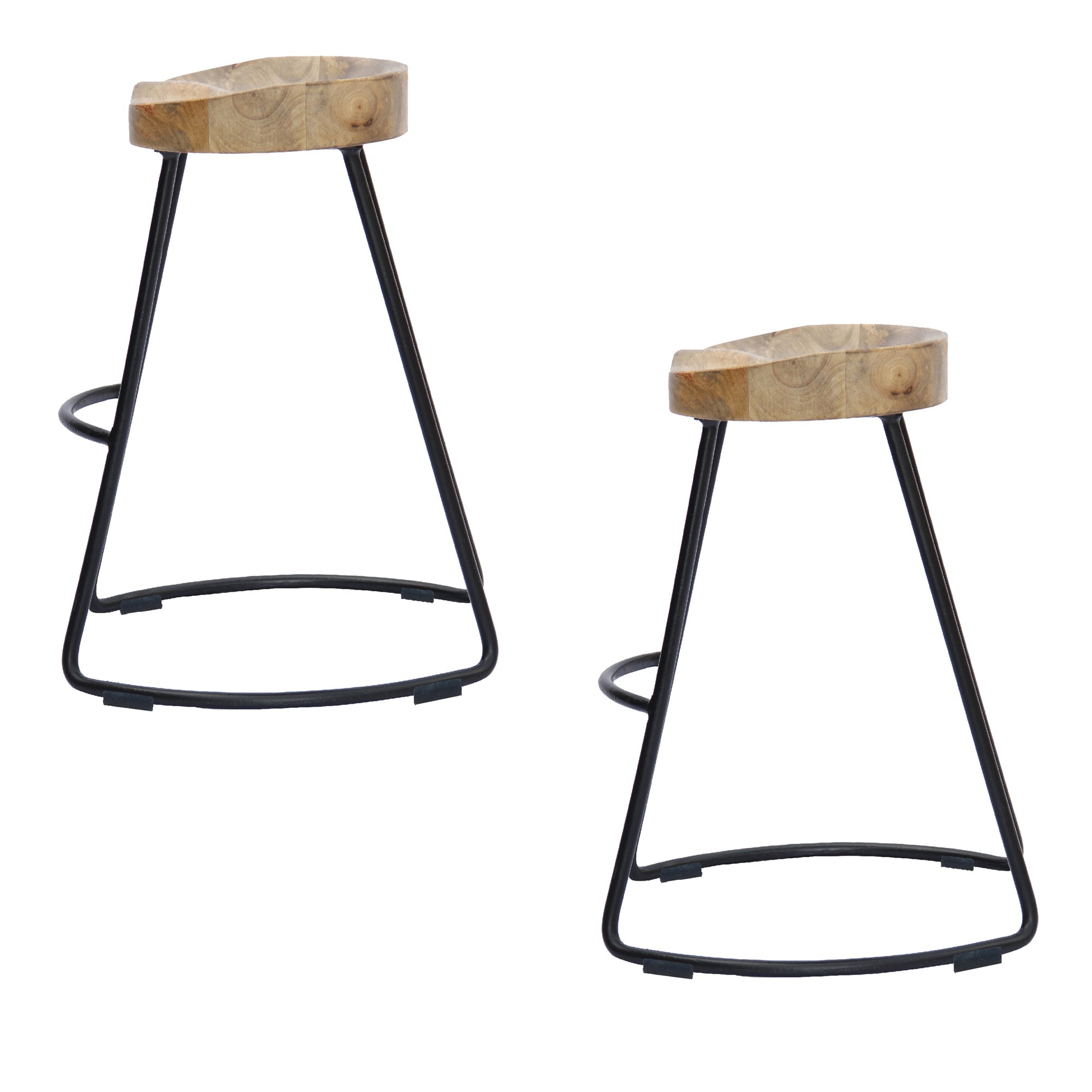 The Urban Port Ela 30 Inch Mango Wood Industrial Barstool, Saddle Seat, Iron Frame, Set of 2, Brown, Black