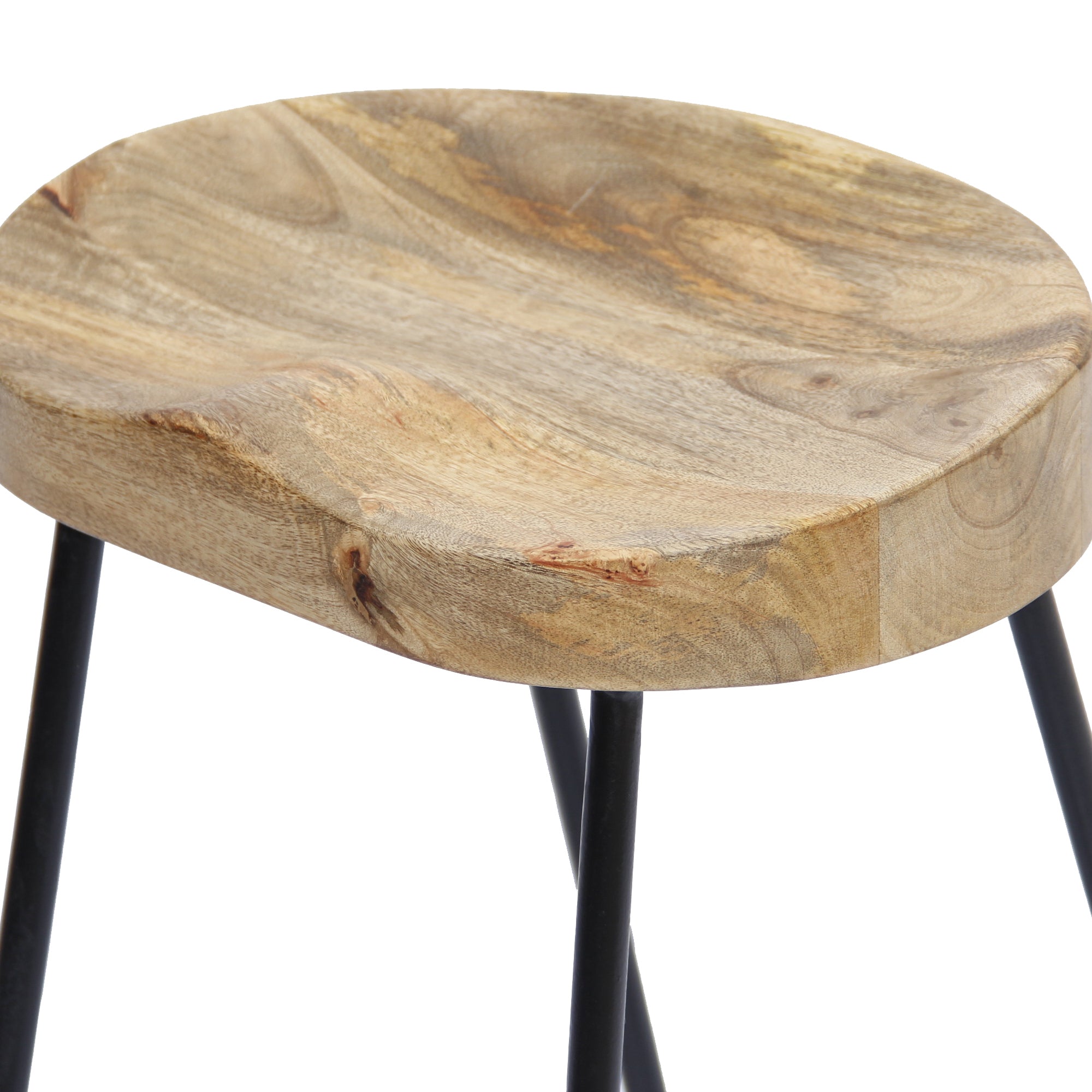 The Urban Port Ela 30 Inch Mango Wood Industrial Barstool, Saddle Seat, Iron Frame, Set of 2, Brown, Black