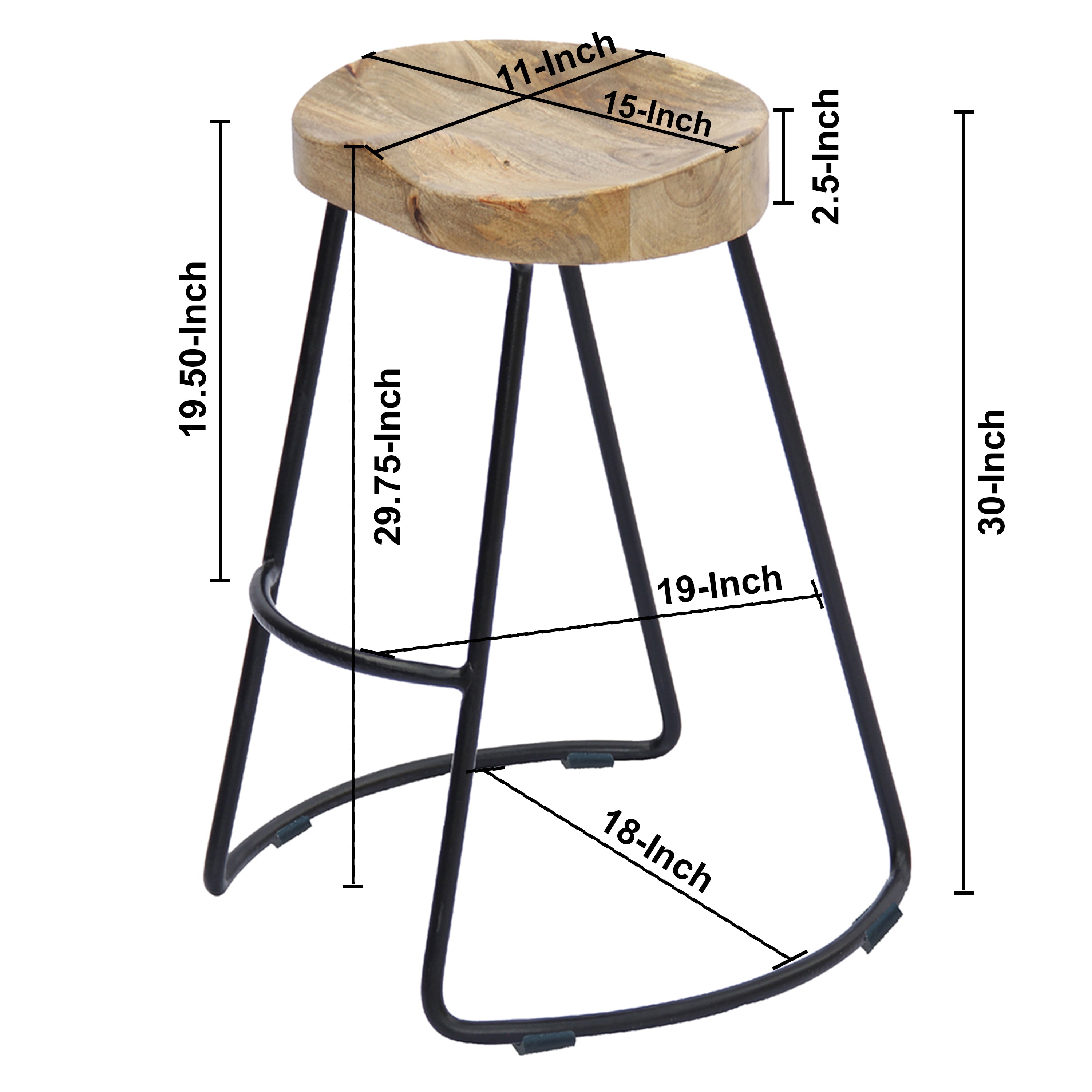 The Urban Port Ela 30 Inch Mango Wood Industrial Barstool, Saddle Seat, Iron Frame, Set of 2, Brown, Black