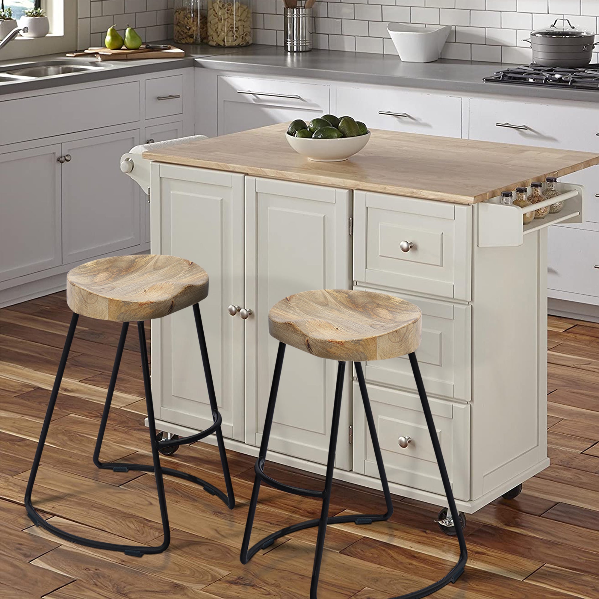 The Urban Port Ela 30 Inch Mango Wood Industrial Barstool, Saddle Seat, Iron Frame, Set of 2, Brown, Black