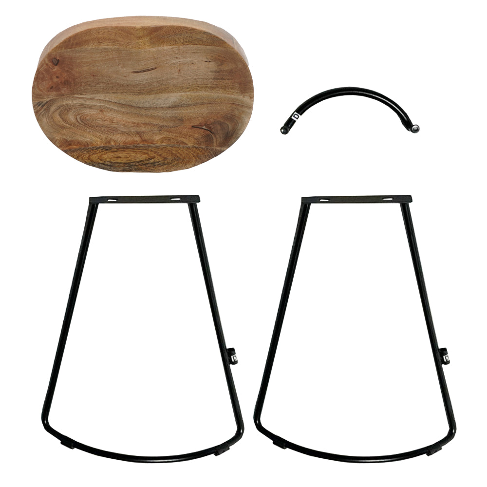 The Urban Port 30 Inch Handcrafted Backless Counter Height Barstool, Natural Brown Mango Wood Saddle Seat, Black Iron Base