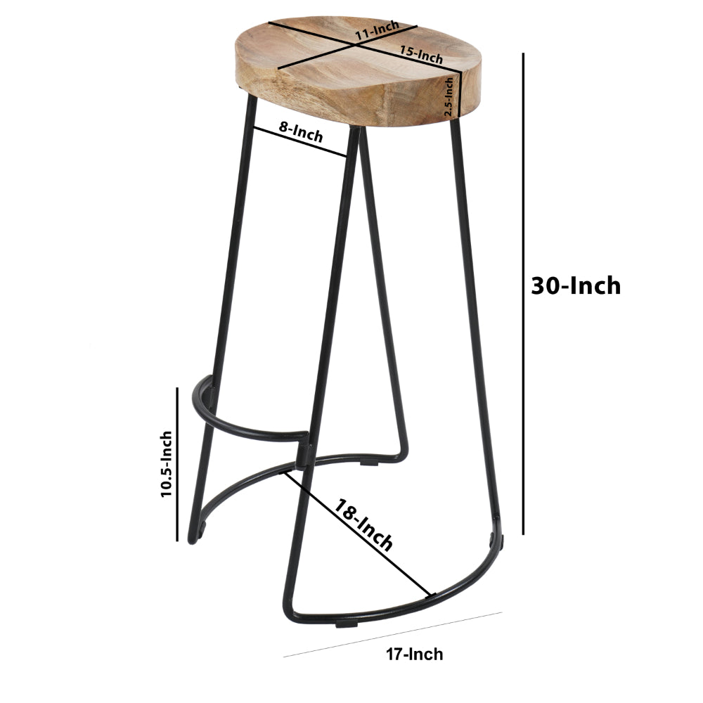 The Urban Port 30 Inch Handcrafted Backless Counter Height Barstool, Natural Brown Mango Wood Saddle Seat, Black Iron Base