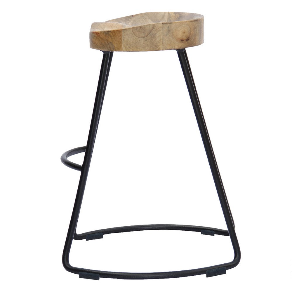 The Urban Port Ela 30 Inch Mango Wood Bar Stool, Saddle Seat, Iron Frame, Brown And Black