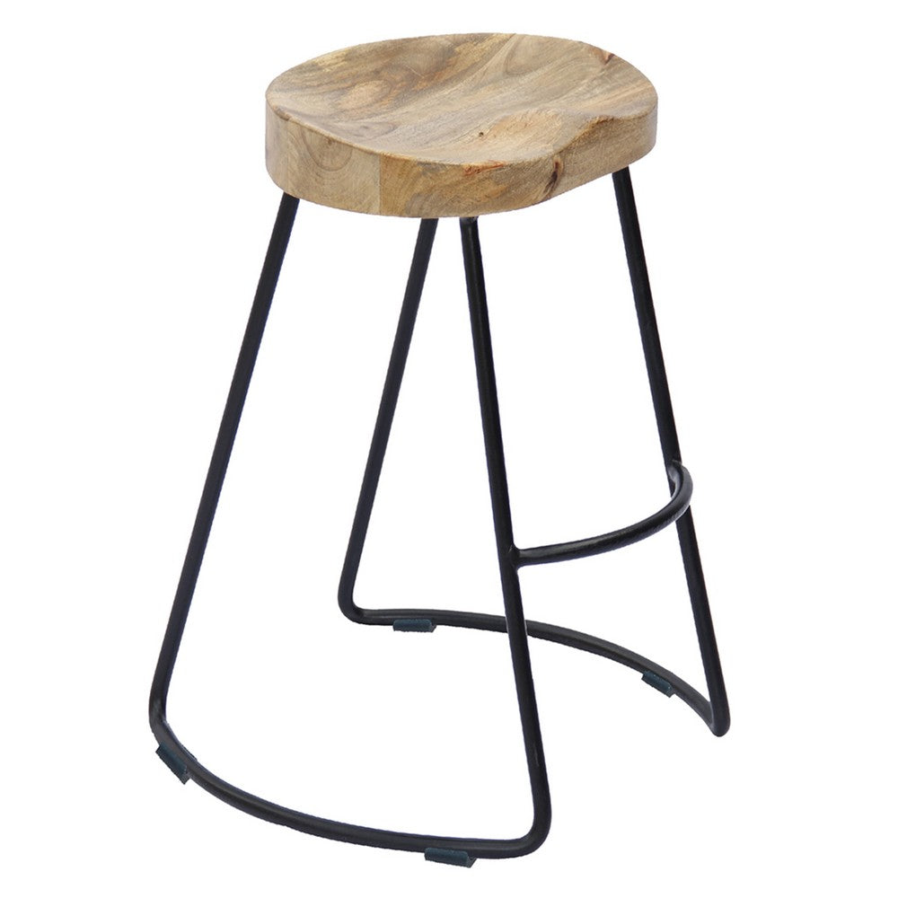 The Urban Port Ela 30 Inch Mango Wood Bar Stool, Saddle Seat, Iron Frame, Brown And Black