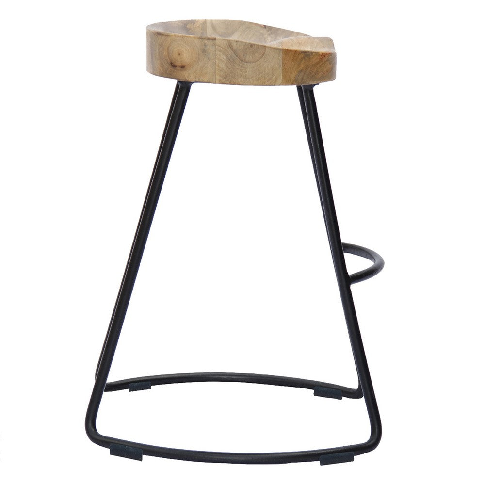The Urban Port Ela 30 Inch Mango Wood Bar Stool, Saddle Seat, Iron Frame, Brown And Black