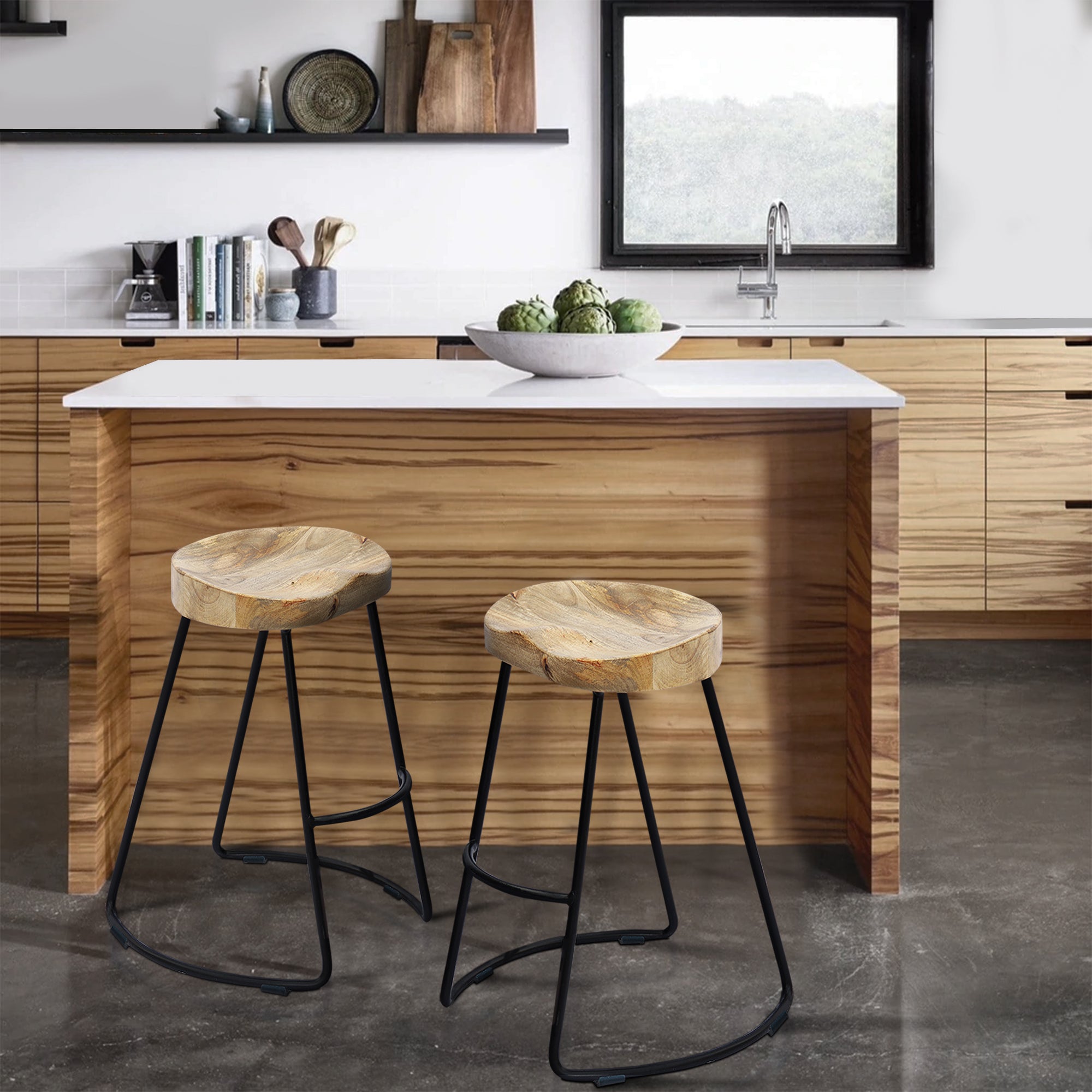 The Urban Port Ela 30 Inch Mango Wood Bar Stool, Saddle Seat, Iron Frame, Brown And Black