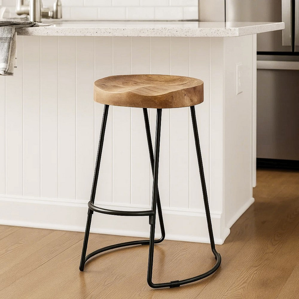 The Urban Port Ela 30 Inch Mango Wood Bar Stool, Saddle Seat, Iron Frame, Brown And Black